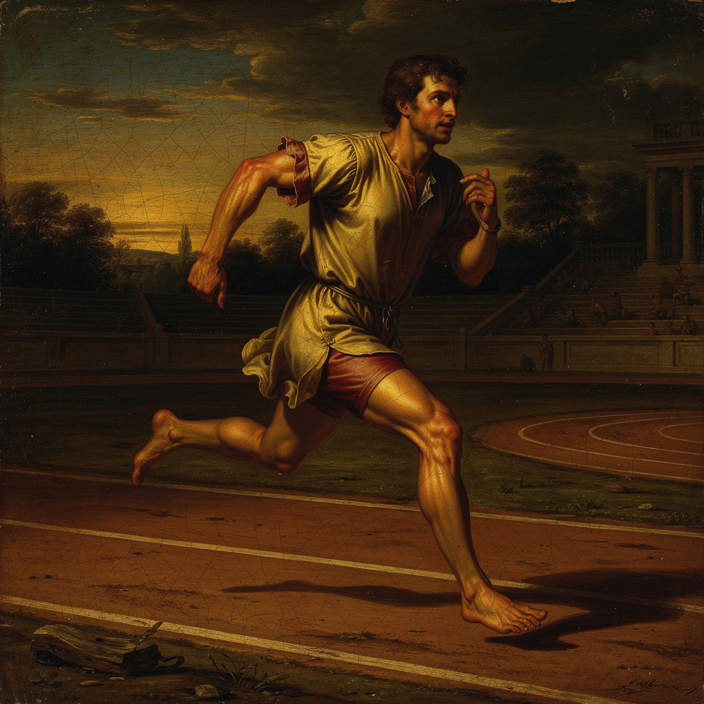Renaissance-style oil painting of a runner mid-stride on an ancient track at dawn.