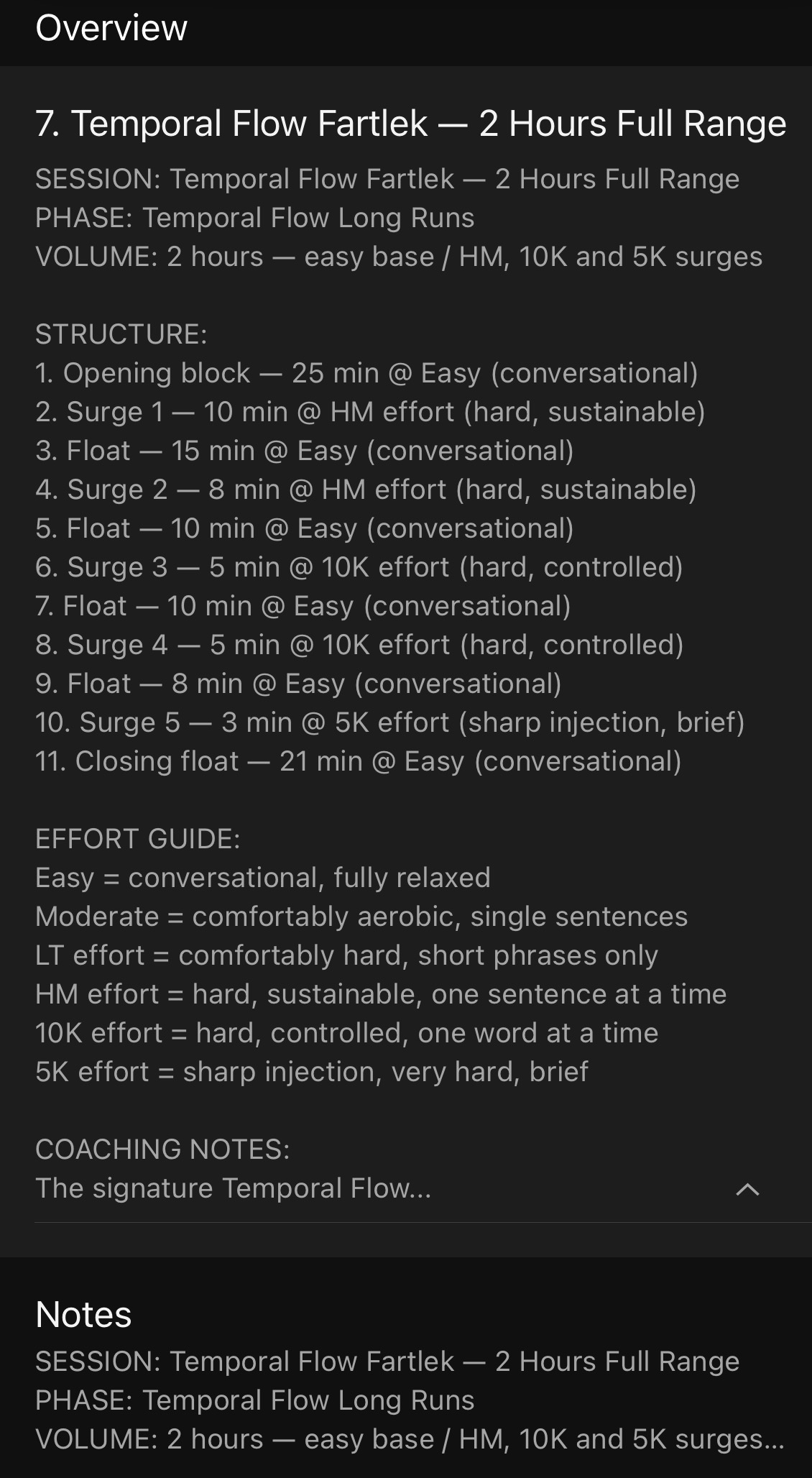 Temporal Flow Fartlek workout structure — 2 hours, easy base with HM, 10K, and 5K effort surges.