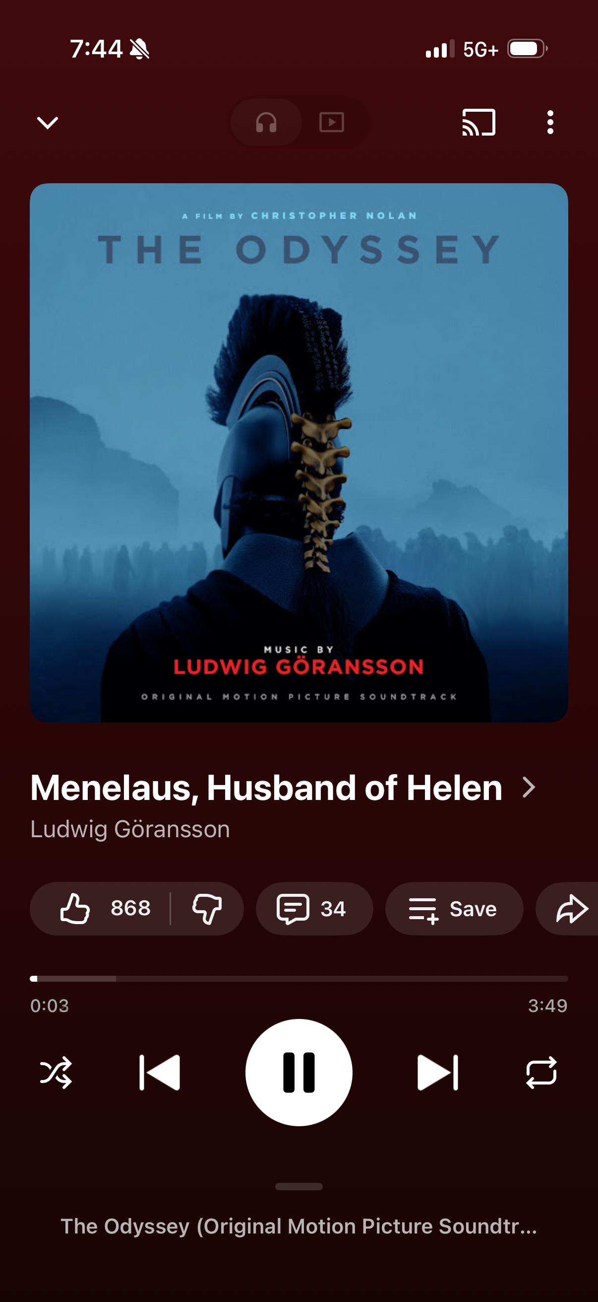 The Odyssey (2026) soundtrack by Ludwig Göransson, playing on repeat.