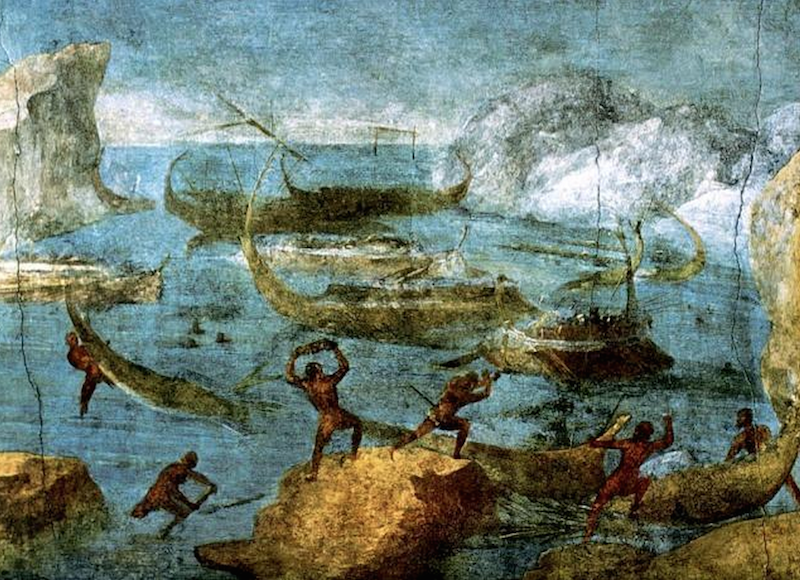 Ancient fresco depicting the Laestrygonians attacking Odysseus's fleet.